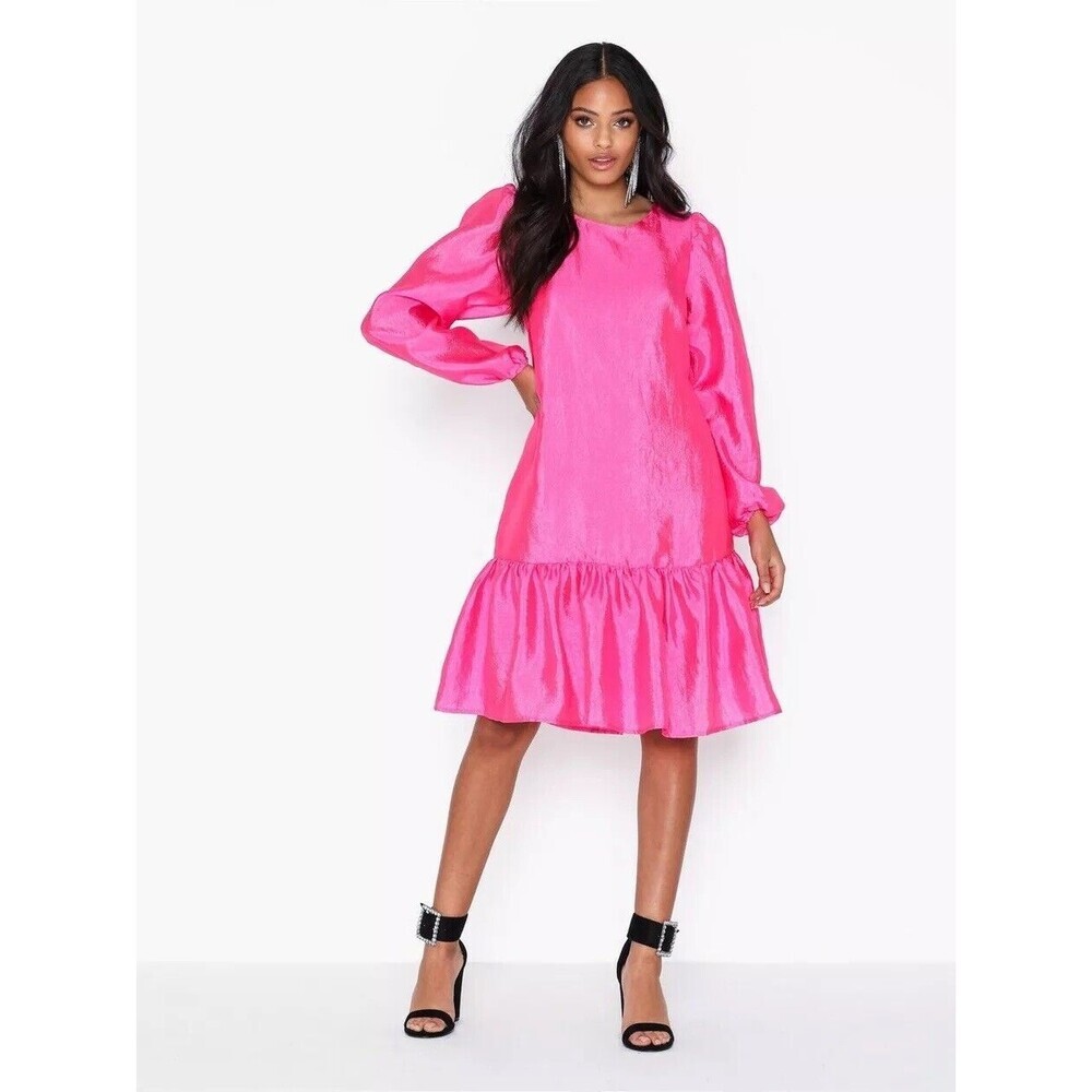 Vila Clothes Pink Dress Size 8 Long Sleeve Ruffle Hem Satin Shift Party Event